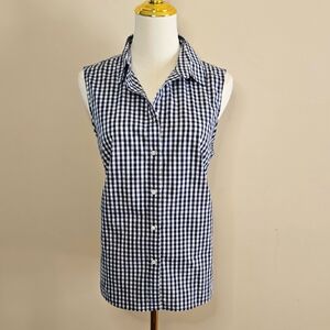 J. Crew Sleeveless Gingham Collar Shirt Classic Preppy Summer Chic L
